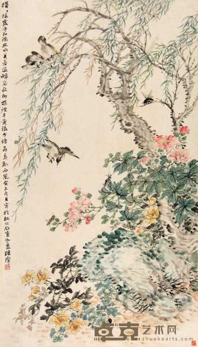 陈摩 癸未（1943年）作 花卉 立轴 145×82cm